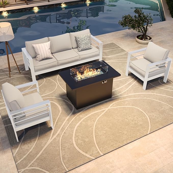 Amopatio Patio Furniture with Fire Pit, 6 Pcs Aluminum Outdoor Sectional Metal Patio Sofa Sets with Aluminum Fire Pit Table for Backyard,White(Included Waterproof Covers)