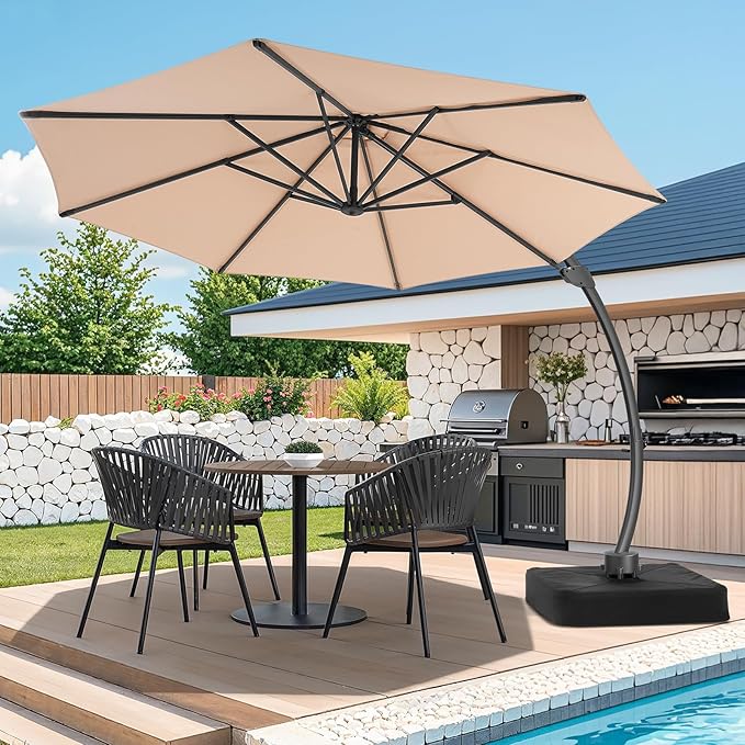 11 FT Outdoor Patio Umbrella with Base, Aluminium Curved Cantilever Umbrella, Large Round Hanging Offset Umbrella with Unlimited Position Adjustment and 360°Rotation for Market Garden Pool, Champagne