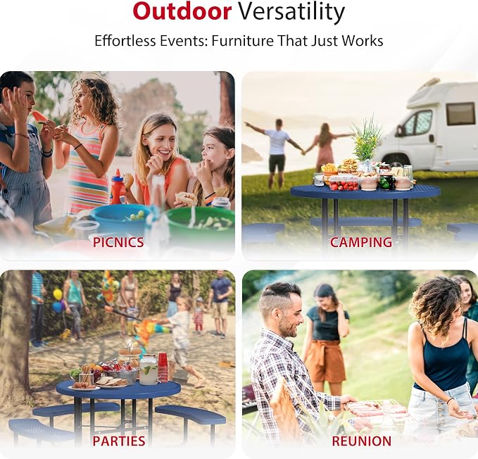 Leisure Craft Metal Picnic Table with Bench - 46" Round Outdoor Dining Table with Umbrella Hole, Heavy Duty Thermoplastic Coating, ADA Compliant, Commercial Grade Furniture Made in USA - Navy