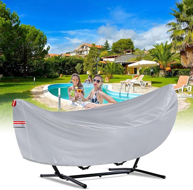 Waterproof 11-12 Hammock Cover, 210T Sun Rain UV Dust Snow Protection Outdoor Covers with Windproof Straps & Soft Cotton Lining for Hammock with 55 inch Spreader Bars -Silver