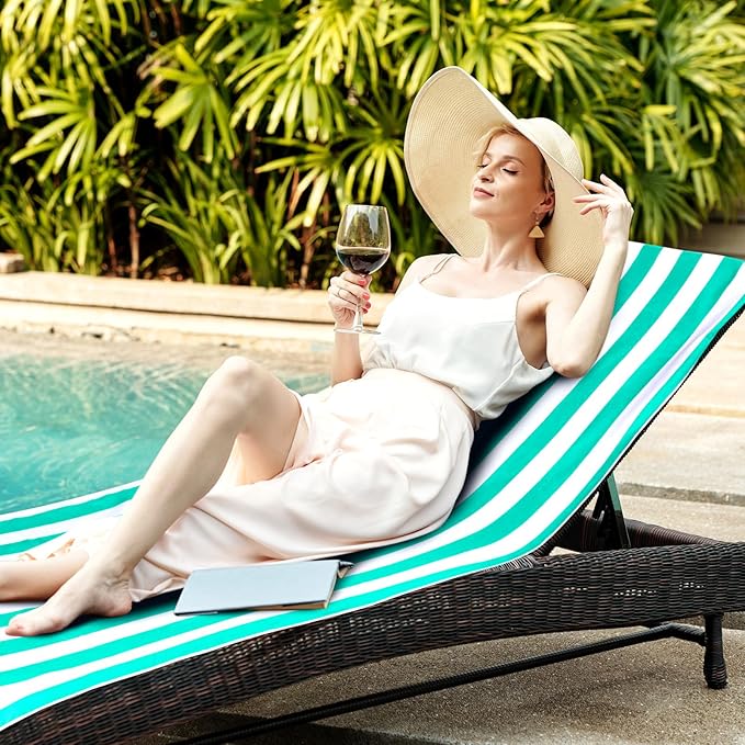 Fumete 2 Pack Lounge Chair Covers 30 x 85 Inch Pool Chaise Lounge Towels Microfiber Beach Chair Towel Portable Striped Outdoor Patio Furniture Cover for Sunbathing Picnic Spa(Turquoise)