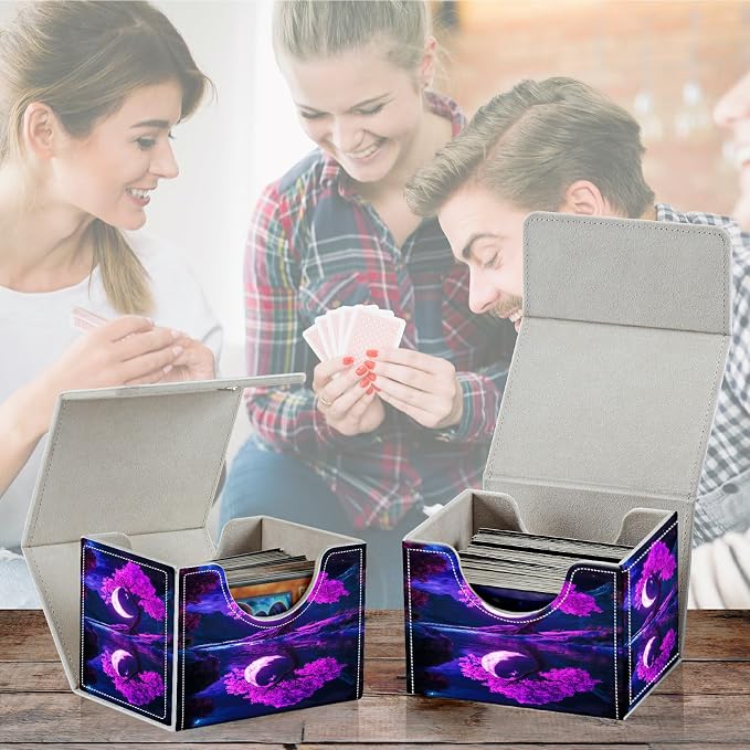 Card Deck Box for MTG, Cards Storage Box Fits 120+ Sleeved, Leather Small Size Strong Magnetic Closing Card Case for Board Games Magic TCG CCG Baseball Collection, Purple Moon Tree