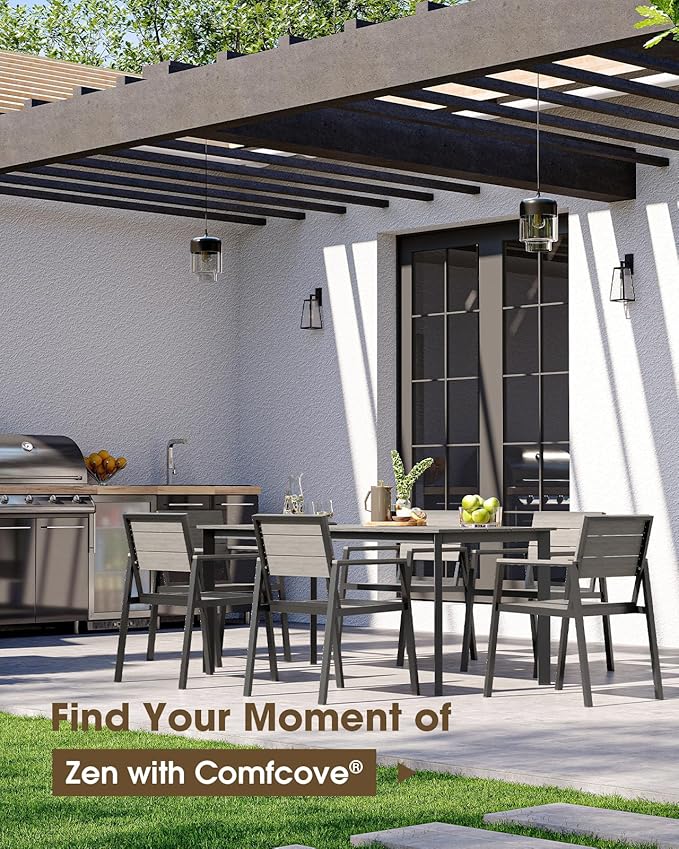 Outdoor Dining Set for 6, Aluminum Patio HDPS Outdooor Table and Chairs Set with Umbrella Hole, All Weather Patio Furniture Set, 7 Peice Patio Dining Table Set (Classic Gray)