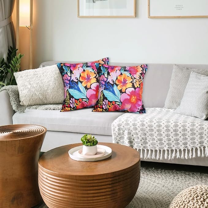 TAJWE Outdoor Pillow Covers 18x18 Inch Set of 2 Black Floral Waterproof Throw Pillowcases Modern Farmhouse Decorative Square Cushion Cases for Patio Furniture Garden Bench Porch Decor