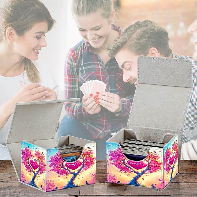 Card Deck Box for MTG, Cards Storage Box Fits 120+ Sleeved, Leather Small Size Strong Magnetic Closing Card Case for Board Games Magic TCG CCG Baseball Collection, Pink Tree