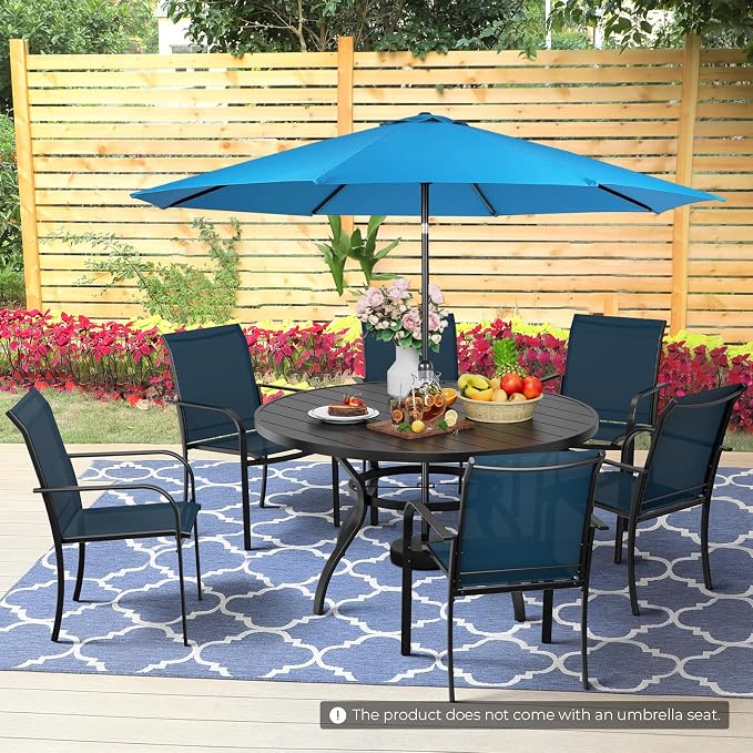 Incbruce 8 PCS Patio Dining Set with Sky Blue Umbrella, Outdoor Dining Set of 6 Textilene Chairs and 53" Round Table with Umbrella Hole for Backyard, Garden, and Poolside (Blue)