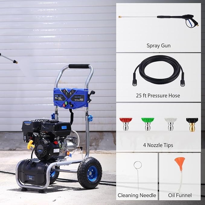 Pressure Washer Gas Powered 3500 PSI 2.3 GPM, 209CC Engine Gas Pressure Washer with 25FT Hose & 4 Quick-Connect Multi-Angle Nozzle, High Pressure Washer for Outdoor Cleaning
