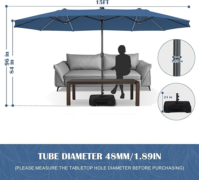 Sundale Outdoor Solar 15 ft 144 LED Olefin 5-Year-Non-Fading Patio Umbrella with Sandbag Base Included and Cover, Outdoor Double-Sided Umbrella with Lights