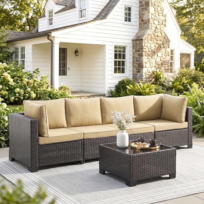 ANJ 5 Piece Outdoor Wicker Patio Furniture Set, Modular Loveseat Sofa with with Glass Top Coffee Table, All-Weather Rattan Conversation Couch Set for Balcony, Backyard, Dark Brown Wicker-Camel