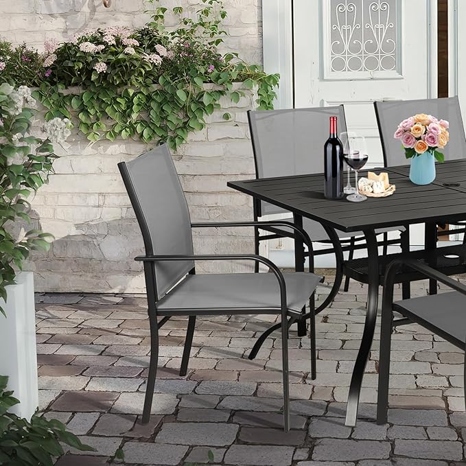 Crownland 7-Piece Outdoor Dining Set, Patio Textilene Dining Sets, 6 Metal Textilene Chairs and Rectangular Outdoor Dining Table with 1.57" Umbrella Hole(Grey)