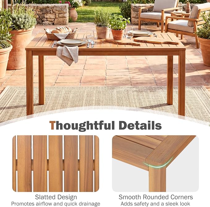 HAPPYGRILL Acacia Wood Patio Dining Table for 4-6, Outdoor Table with Slatted Tabletop, Rectangular Outside Table for Garden Balcony Deck