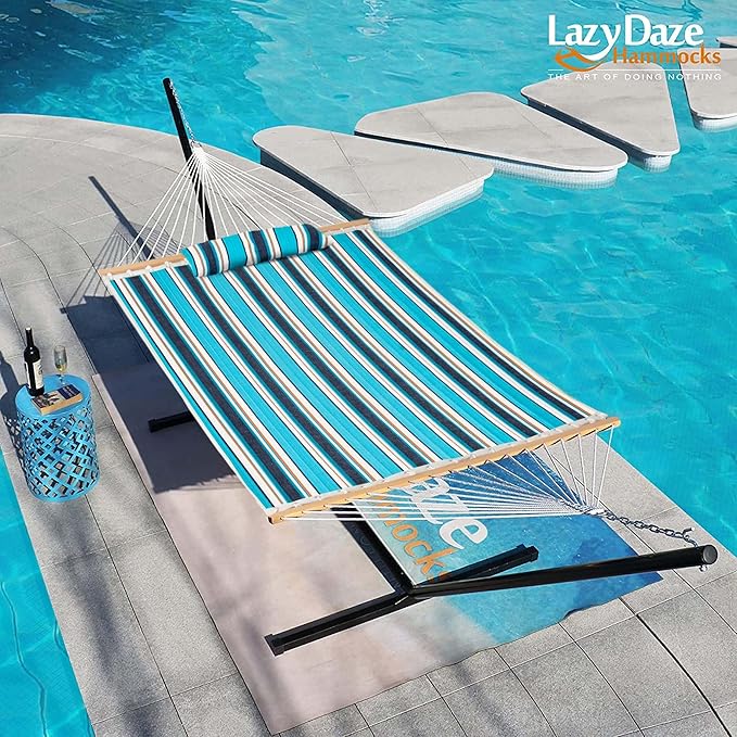 Lazy Daze Hammocks 12 FT Sunbrella Fabric Quilted Hammock Double Sunbrella Quilted Hammock with Spreader Bars & Pillow, All Weather and Fade Resistant for Outdoor, 450 lbs Capacity, Token Surfside