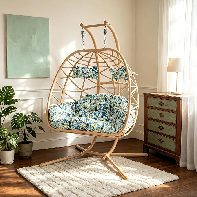Double Egg-Shaped Hammock Chair, Swing Egg Chair, Wicker Hanging Chair with Removable Washable Cushion