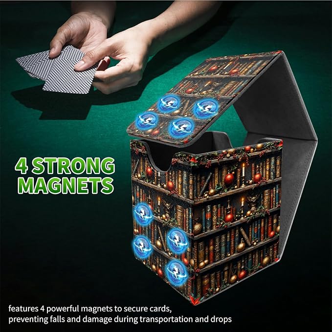 Red Library Books Card Deck Box for MTG, Personalized Card Storage Case Fits 120+ Sleeved Cards, Premium Leather TCG Box with Strong Magnetic Closure for Magic, CCG, PTCG, Baseball Cards