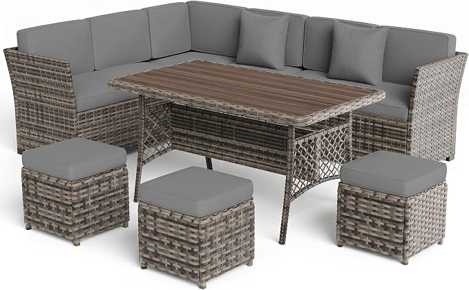 Patio Furniture Set, 7 Pieces Outdoor Dining Sets, All Weather Rattan Conversation Set, Outdoor Dining Sectional Sofa with Large Dining Table, Ottoman (White Black-Light Grey, A-7 Pieces)