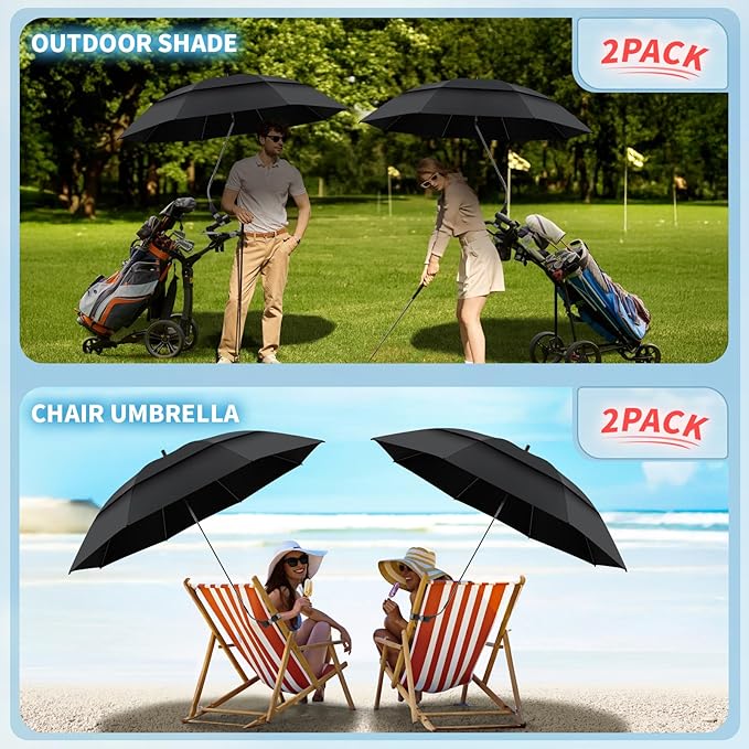2 Pack 48.6" Double Canopy Umbrella with Clamp, UPF50+ Beach Chair Umbrella with Clip, 360°Adjustable Portable Outdoor Wheelchair, Patio, Golf Carts,Camping(Black)
