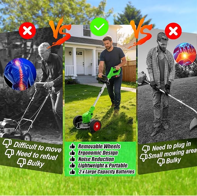 Electric Weed Wacker Cordless Eater, 21V No String Trimmer Battery Powered,3 In 1 Lightweight Grass Trimmer/Brush Cutter/Edger with Wheels and Metal Blade, Stringless Weed Trimmer for Lawn Yard Garden