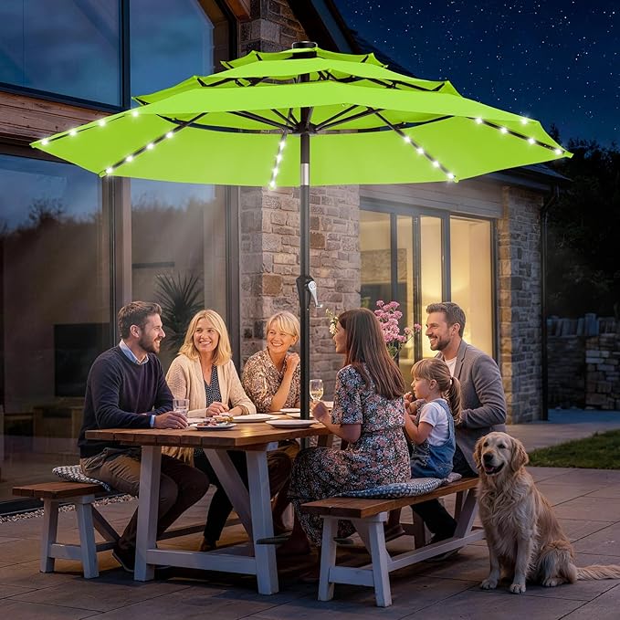 AreShark 9ft 3 Tiers Patio Umbrella with Solar Lights, Outdoor Umbrella w/ 32 LED Lights&8 Sturdy Ribs, Table Umbrella for Deck, Backyard, Pool (Apple Green)