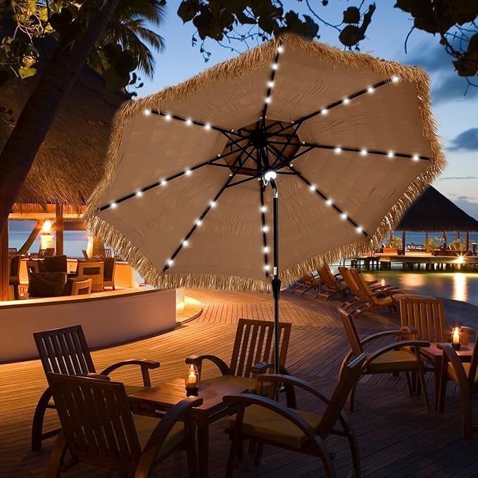 Tangkula 10 ft Thatched Patio Umbrella, 2 Tier Hawaiian Style Grass Beach Umbrella with 32 Led Lights, Center Light, Solar Tiki Umbrella with 8 Ribs, Tilt Adjustment, Manual Crank for Backyard, Poolside, Deck