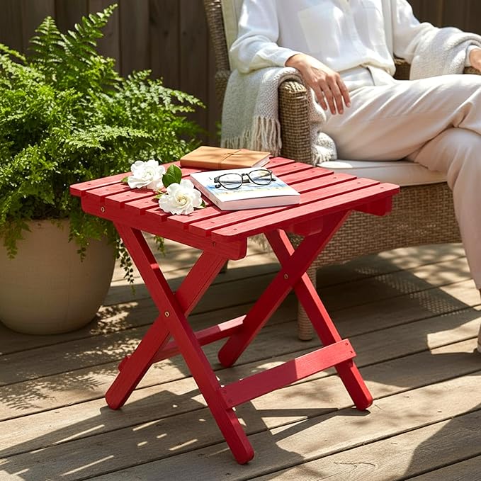 Shine Company Square Wooden Folding Solid Wood Side Table, Outdoor Adirondack Small Patio Table, Chili Red