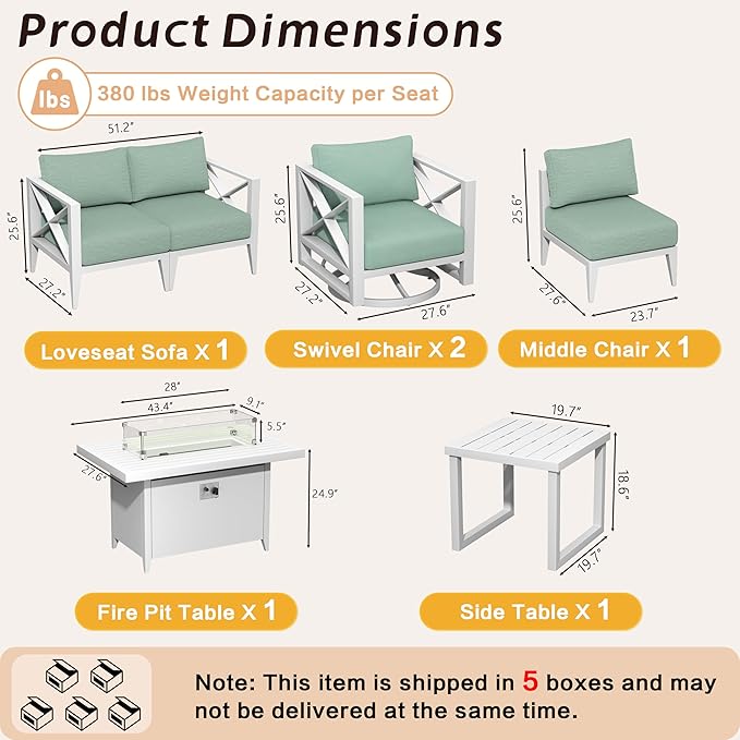 Aluminum Patio Furniture Set with Oversized Fire Pit Table, 7-Piece All-Weather Outdoor Conversation Set with Swivel Rocking Chairs, Oversized Modern Sofa for Backyard,Deck,Balcony–White