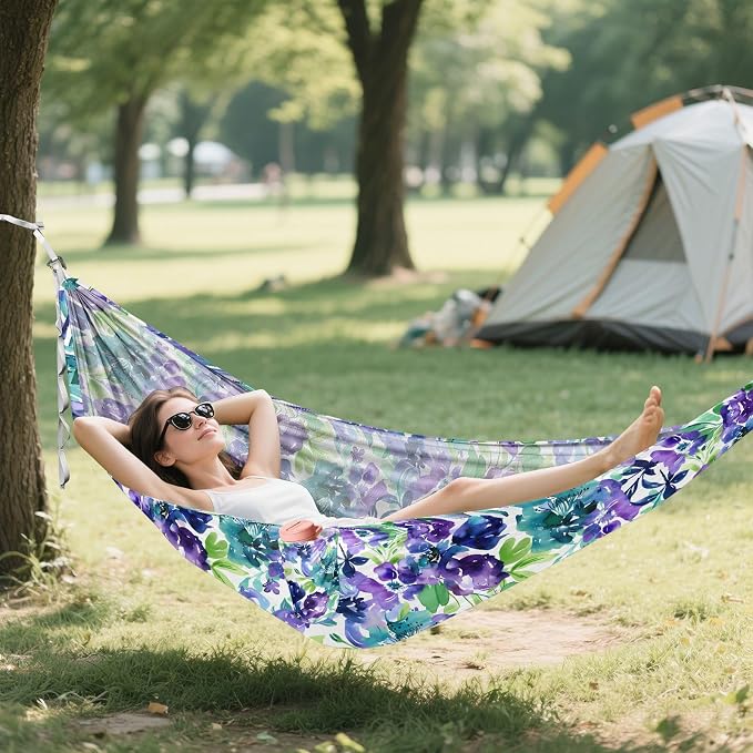 Camping Hammock Outdoor Hammocks for Outside Floral Purple Blue Watercolor Beach Trees Portable Lightweight with Pockets Tree Straps Indoor