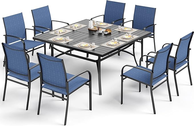 SUNSHINE VALLEY Patio Dining Set for 8, 60" x 60" Square Metal Table with Umbrella Hole, 8 x Stable Dining Chairs, Outdoor Table and Chairs Set for Lawn Backyard and Deck, Blue