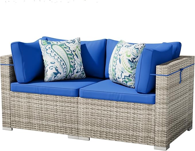 2 Piece Patio Furniture Set, Outdoor Wicker Patio Sofa Set, PE Rattan Sectional Couch and Blue Cushions, All-Weather 2 Piece Outdoor Patio Furniture Sets, Grey