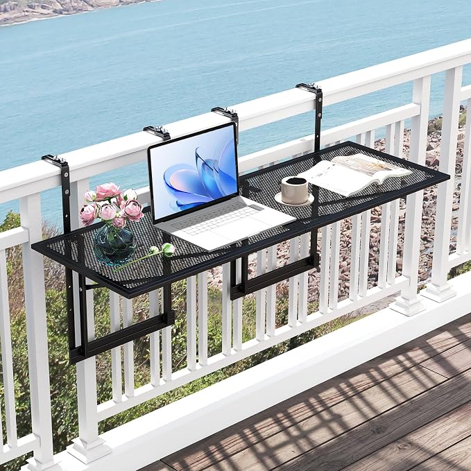 Tangkula Balcony Railing Table, 48" Outdoor Space-Saving Folding Hanging Table with 5-Level Adjustable Height, Metal Frame, Fits Railings Up to 1.5"-3.5" Thick for Patio, Porch, Deck