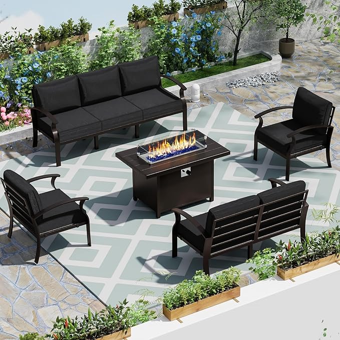 Patio Furniture Set 5-Piece Aluminum Armrest Sofa, Modern Outdoor Living Room Set with 55000 BTU Propane Aluminum Fireplace, Outdoor Rotary Joystick with Thick Cushion