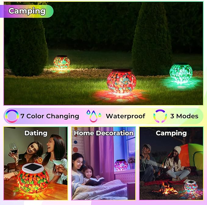 VIHOSE 4 Pcs Color Changing Mosaic Solar Lights Outdoor LED Ball Globe Garden Table Light Waterproof Solar Night Lamps for Christmas Patio Garden Party Yard