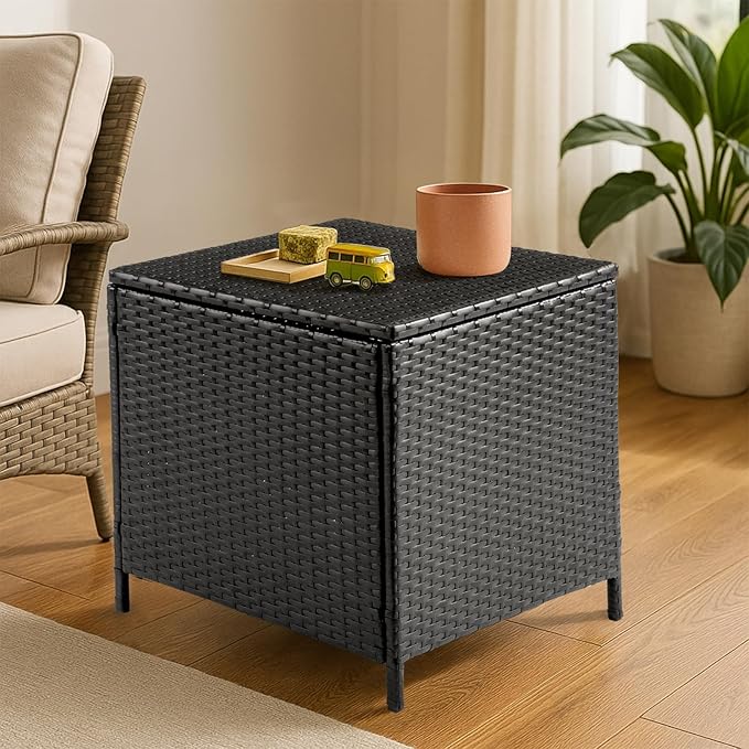 Outdoor Pe Wicker Side Table with Storage, Patio Rattan End Table Square Container for Furniture Covers, Toys & Gardening Tools, All-Weather Black Deck Balcony Porch Table, Deck Box for Pool Area
