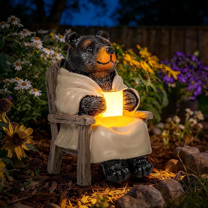 SOWSUN Miniature Garden Statue, Solar Black Bear Decoration with Light, Outdoor Decor for Patio Yard Lawn Balcony, Christmas/Birthday Gift for Mom Women