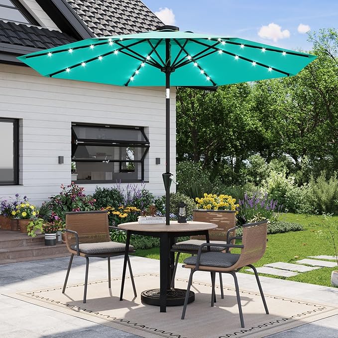 Garvee 10FT Solar Patio Umbrella with 32 LED Lights - Outdoor Table Umbrella with Crank Lift, Push Button Tilt and 8 Sturdy Ribs - Market Umbrella UV Protection for Pool, Deck, Yard, Garden -Sky Blue