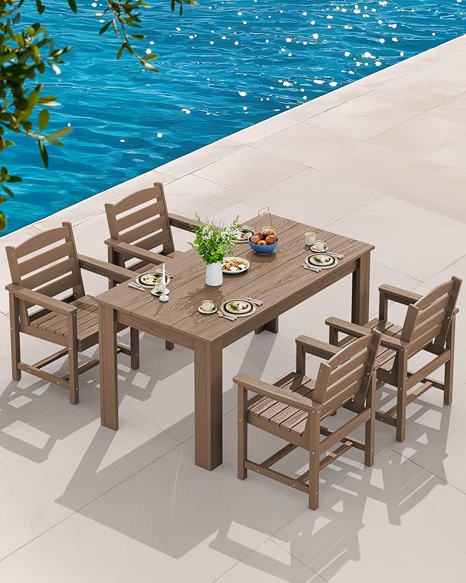 SERWALL Patio Dining Sets, Outdoor Dining Sets for 6 Person with 1 Umbrella Hole Cut-Out Rectangular Table and 6 Chairs, HDPE Dining Sets Outdoor, Brown