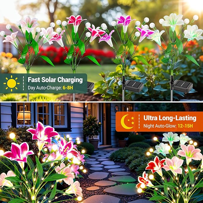 Upgraded Solar Garden Lights Outdoor: 4 Pack 2-in-1 Solar Lily Flower Lights with Swaying Firefly Lights & Glowing Stems, Brighter Waterproof Solar Garden Decor for Yard Patio, Unique Gifts