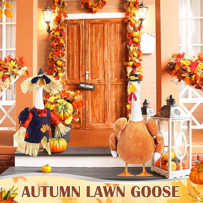 2 Set Thanksgiving Day Goose Outfit Scarecrow Turkey Lawn Porch Goose Cloths Plastic Clothing Fall Thanksgiving Outfit for 23 Inches Outdoor Patio Yard Lawn Art Decoration (Cute)