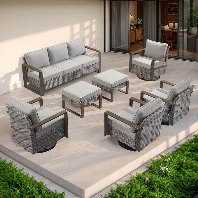 Rilyson Outdoor Ottoman Wicker Patio Footrest - 2 Piece Wicker Footrest Footstools Set with Sturdy Frame,All-Weather PE Wicker, Thick Cushions for Deck Porch Garden(Mixed Grey/Grey)