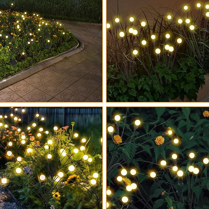 2 Pack IP65 Waterproof Solar Firefly Lights, 16 LED Warm White Swaying Lamps with Realistic Effect, Wind-Activated 8 Hrs Runtime No Wiring for Landscape Yard Patio Halloween Christmas Decor