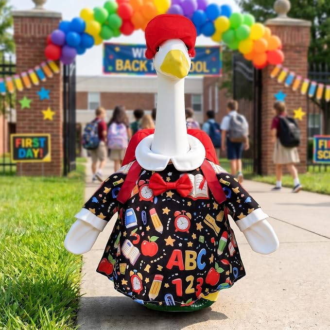 1 Set Back to School Porch Goose Outfit for 23 Inch Lawn Goose Statue | School-Themed Goose Clothes Set Includes 1 Outfit, 1 Hat and 1 Backpack for Patio, Yard, Classroom or Garden Decor