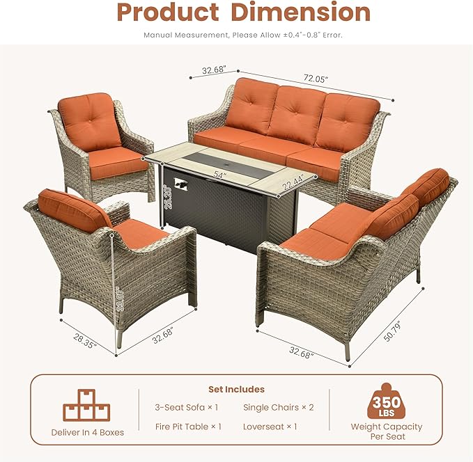 HOOOWOOO Patio Furniture Set,5 Pieces Wicker Outdoor Furniture,High Back Conversation Set with All Weather Resistant Fire Pit Table Couch Loveseat Chairs,Orange Red
