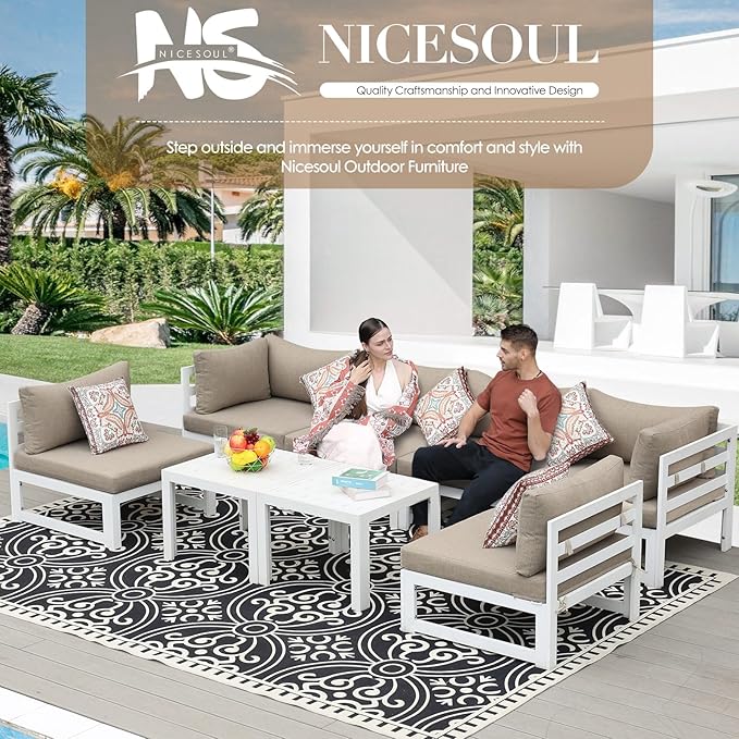 NICESOUL 8 Seat Oversized Modern Aluminum Patio Furniture Set, Weather Resistant Modular Sectional Sofa with Coffee Table, 500 lbs Heavy Duty Comfortable Outdoor Couch for Exterior Backyard, Beige