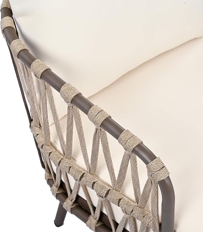 Christopher Knight Home Lena Patio Conversation Set, Two Club Chairs, Rope Woven Loveseat, Metal Frame Armchair, Rectangular Coffee Table, Outdoor Side Table and Chair Set for Backyard, Brown+Beige