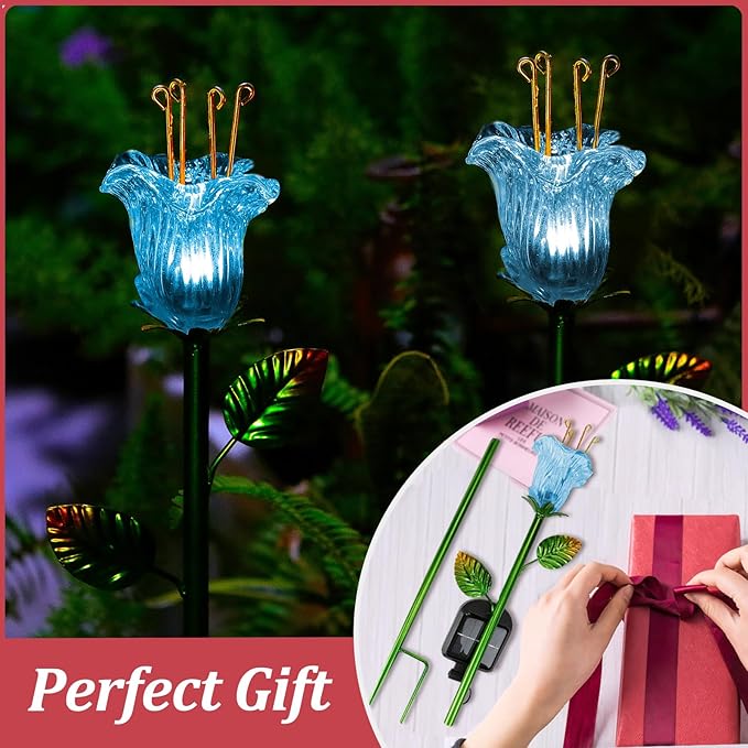 VChymm Solar Lights Outdoor Decorative Flowers 2 Pack, Blue Glass Lily Flower Lights, Auto ON/OFF for Garden, Patio, Backyard