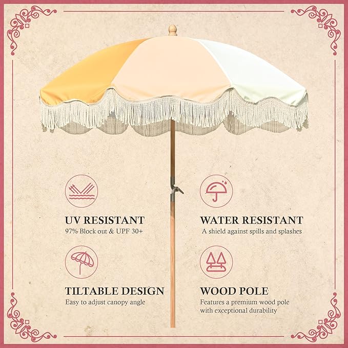 LAGarden Fringe Patio Umbrella with Carry Bag & Cover Vintage Wood for Event Outdoor Garden Yard Wedding Bistro Table