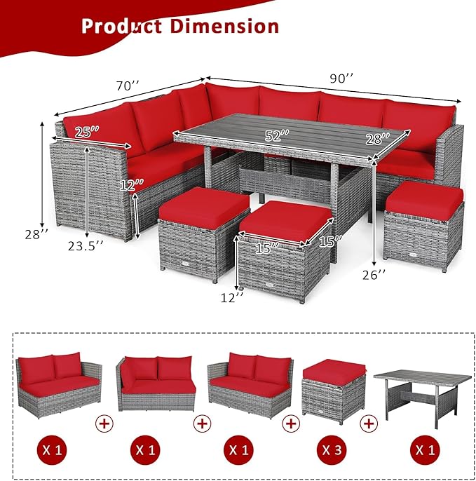 HAPPYGRILL 7 Pieces Rattan Wicker Patio Conversation Set, Outdoor Patio Furniture Set with Cushions, Rattan Sofa Set with Dining Table & Ottomans for Poolside Backyard Balcony Garden (Red)