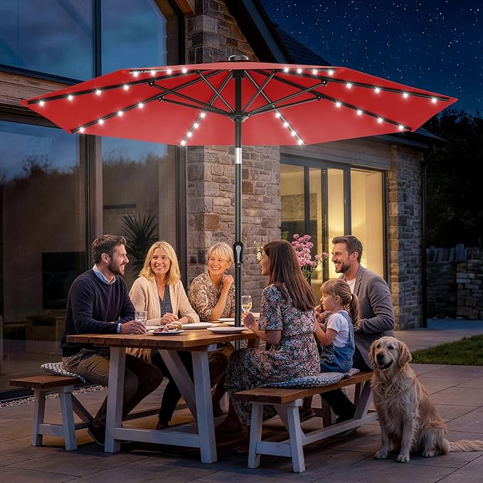 AreShark 9FT Patio Umbrella with Solar Lights, 32 Lighted Pool Umbrella w/Tilt and Crank, Outdoor Market Solar Umbrellas for Garden, Deck, Backyard, Pool and Beach, Red