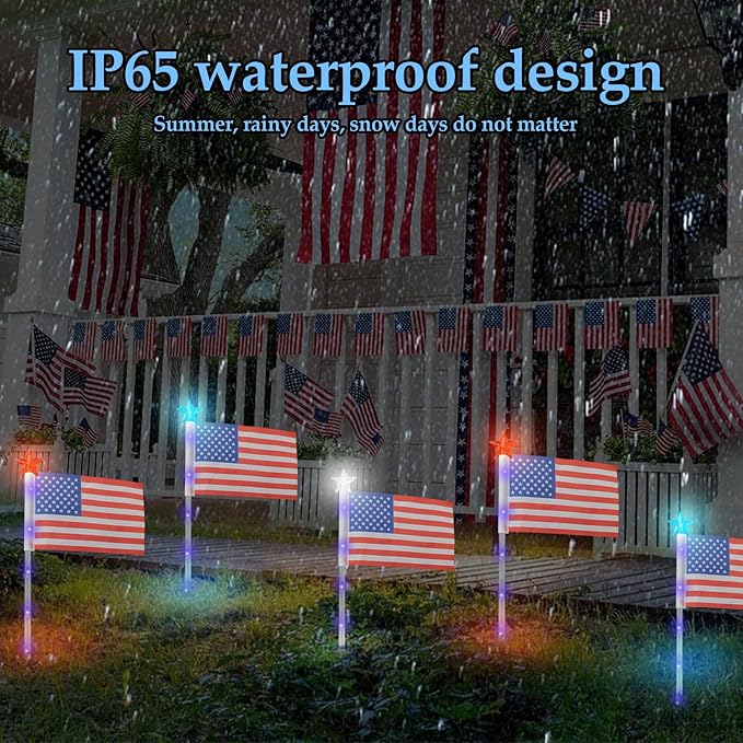 4th of July Decorations Outdoor American Flag Lights, 6-Pack Red White and Blue Solar Stars Lights with 6 USA Flags & 30LED,Bright Patriotic Pathway Lights for Memorial Day Yard Lawn Decor