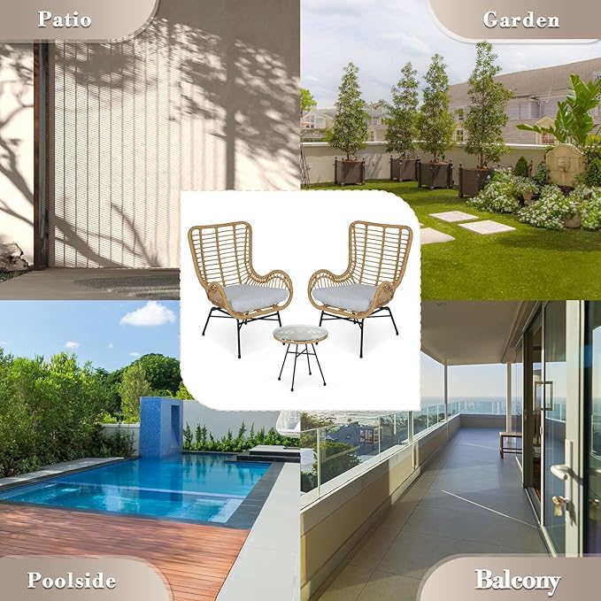 Athena Collection Patio Bistro Sets, 3 Piece All Weather Furniture Set Outdoor Conversation Set Glass Table and Rattan Chairs Set with Soft Cushions for Garden, Poolside, Backyard, Gray