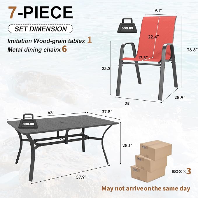 Outdoor Dining Set for 6, Patio Metal Table and Chairs Set with 1.97'' Umbrella Hole, 7pcs Patio Furniture Set 63”x37.8” Dining Table Set with Stackable Chairs for Backyard Pool Deck